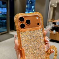 Coque de téléphone 3-en-1 en TPU+PC avec paillettes époxy et sequins pour iPhone 13 14 15 16 17 18 Pro Max, avec bracelet de poignet et cordon de suspension, antichoc