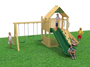 Conjunto de juegos infantiles personalizado de fábrica, no estándar, con escaleras, tobogán y columpio - de madera natural, apto para niños, para exteriores - Product Image 3