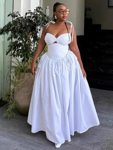 Elegante Abito Lungo Bianco Senza Schienale, Vestito Arricciato Tinta Unita, Abbigliamento Casual e Confortevole per Donne Alla Moda - Product Image 2