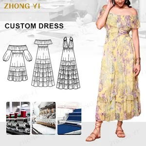 Clothing Brand Manufacturer Custom Summer Womens Loose Chiffon Floral Printing Off Shoulder Beach Casual Maxi Dresses