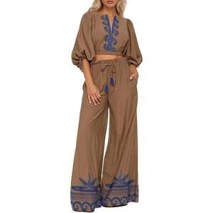 Conjunto de 2 Piezas Personalizado para Mujer 2026, Top con Mangas Farol y Pantalones, Atuendo de Verano, Bordado, Algodón, Fibra de Bambú, Transpirable, Ropa de Vacaciones - Product Image 4