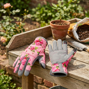 Gants de jardin imprimés roses avec paume grise et matériau résistant à l'abrasion pour les travaux en extérieur - Product Image 2