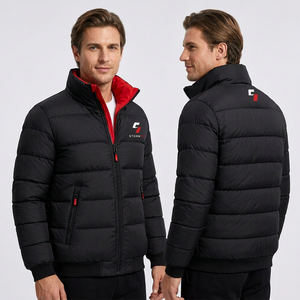 Men's Winter Puffer <b>Jacket</b> Stand Collar Zipper Closure Windproof Casual Solid Color 100% Polyester Material - Product Image 1