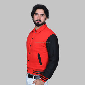 Vestes universitaires OEM en molleton de coton rouge corail personnalisables pour hommes Vente en gros de manches brodées de letterman décontractées - Product Image 2