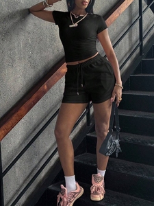 Set da Donna Personalizzabile con Logo, Top Corto <span class=keywords><strong>Sexy</strong></span> e Pantaloncini, Completo Casual Due Pezzi, <span class=keywords><strong>Abbigliamento</strong></span> <span class=keywords><strong>Femminile</strong></span> - Product Image 6