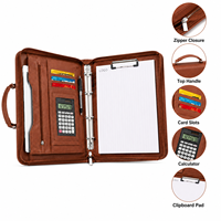Porte-documents A4 en cuir avec fermeture éclair et poignée, classeur à 4 anneaux, calculatrice, sac à documents professionnel en cuir PU ciré de qualité supérieure, avec logo personnalisé