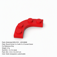 Gobricks GDS-2191 Pièces de construction en plastique ABS 68568 Plaque d'angle arrondie 3x3 avec découpe ronde 2x2 MOC Pièces de rechange DIY