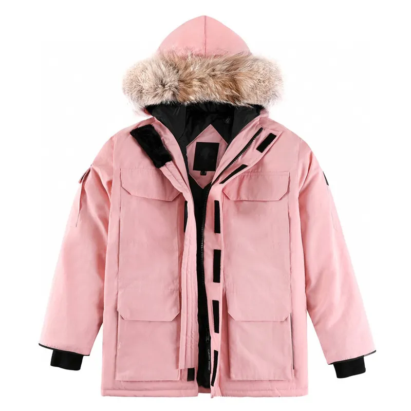 warm winter clearance high quality luxury designer branded men down jacket down coat with fur hood for women