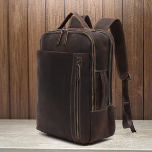 Dujiang Crazy Horse Leather <b>Backpack</b> 20-35L Large Capacity Travel Business <b>Backpack</b> Men's Solid Color <b>Brown</b> - Product Image 2