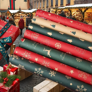Christmas Gift Wrapping <b>Paper</b> Rolls Red Green Gold Snowflake Tree <b>Pattern</b> Craft <b>Paper</b> Double Side Recyclable for Holiday Use - Product Image 2