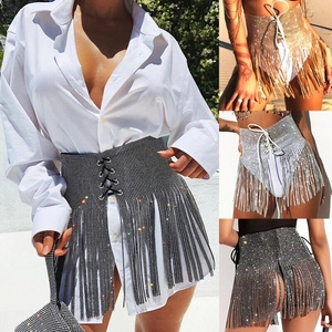 Falda de bikini de mujer con lentejuelas, flecos metálicos, para festivales, fiestas, clubes, playa, de cintura alta, estilo línea A - Product Image 5
