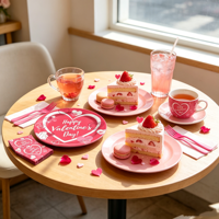 Vaisselle de fête sur le thème de la Saint-Valentin, décoration de fête rose rouge, assiettes en papier jetables, gobelets, serviettes