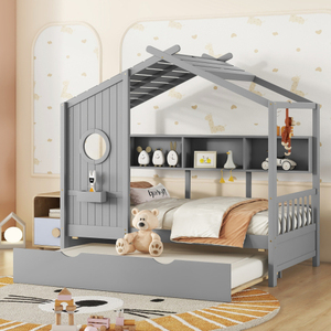 Cama Moderna de Madera Tamaño Completo con Cama Nido, Diseño Moderno para Niños con Estante de Almacenamiento - Product Image 2