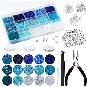 热卖2毫米蓝色玻璃种子珠和字母字母珠，配有DIY珠宝制作配件
