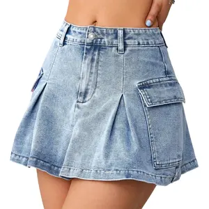 Mais recente design retro cintura alta hottie denim saia plissada sexy mini saia para as mulheres