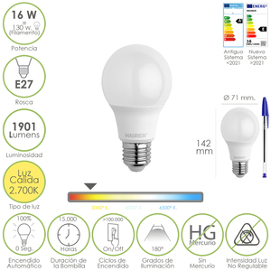 Lampadina LED standard, attacco a vite E27. 16 Watt. Equivalente a 130 Watt. 1901 Lumen. Bianco caldo 2700K. - Product Image 1