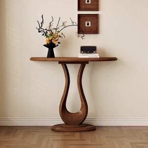<b>Walnut</b> Finish Console <b>Table</b> Oval Entryway Sofa <b>Table</b> Decorative Hall <b>Table</b> with Curved Pedestal for Living Room - Product Image 5