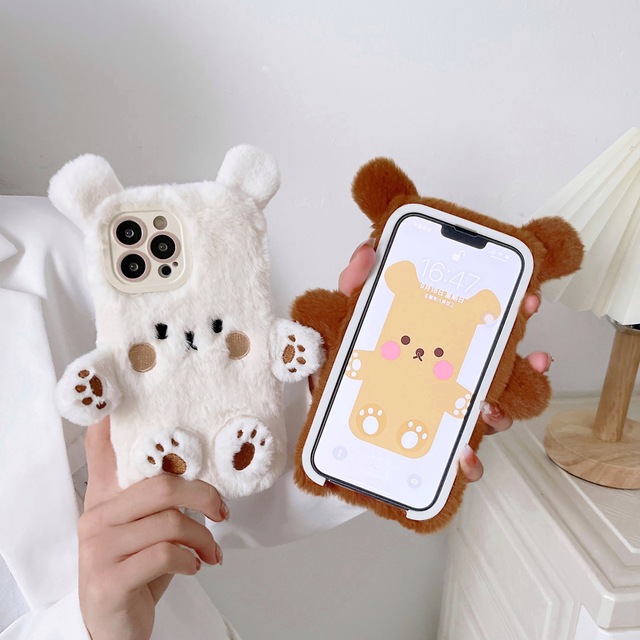 Embossing Plush White Brown Teddy Bear Shockproof 3D Cartoon Phone case for iphone 17 air 16 Pro 15 Pro Max 14 Plus Mobile Cover