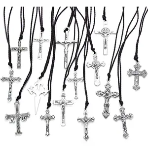 15 Stile Wachs seil versilbert Kreuz Anhänger Halsketten Männer Frauen Katholisch Christlich Religiöses Gebet Schmuck Zubehör Geschenke