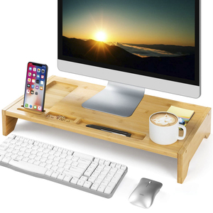 Bamboo Wood Eco-Friendly Monitor Stand Ergonomic Computer Riser Phone Holder <strong>Laptop</strong> <strong>Shelf</strong> 60x30x8.5CM Home Office Use - Product Image 1