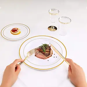 奢华婚礼派对金色条纹烫金工艺圆形10.25英寸餐具套装一次性塑料板