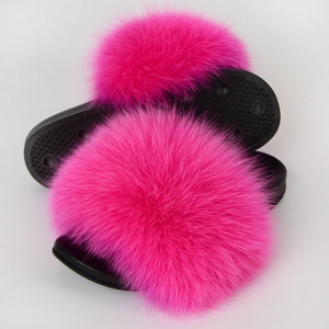 Real Fox Fur Slipper Summer Women Indoor House Plush Shoes Solid Color Flat Sandals Ladies <b>Fluffy</b> Furry <b>Slides</b> - Product Image 2