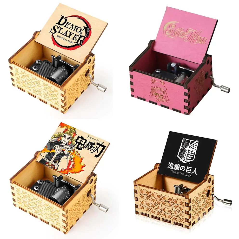 Wholesale Multiple Designs Melody Hand Crank Laser Engraved Anime Sailor Moon Attack On Titan Demon Slayer Wooden Music Box