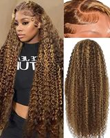 Perruque Lace Frontale 13*4 pour Femme, Cheveux Longs Bouclés à Petites Boucles avec Mèches Dégradées, Naturelle, Pleine Tête, en Fibre Haute Température, Volumineuse