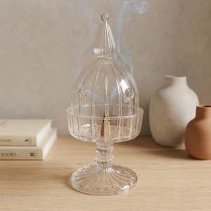 Brûleur d'encens en verre côtelé transparent avec couvercle en dôme, porte-encens décoratif de style cristal pour la décoration de la maison - Product Image 3