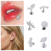 HGC ASTM-F136 Titane, Ensemble de bijoux de piercing pour Tragus et Hélix, avec motif feuille de fleur, baguette incurvée, marquise et CZ à dos plat, type labret