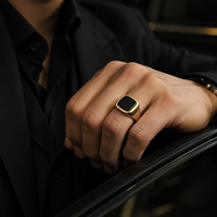 Bague Chevalière Classique JLM pour Homme, Plaqué Or 18K, Onyx Noir, Acier Inoxydable Poli, Bijoux Vintage, Vente en Gros