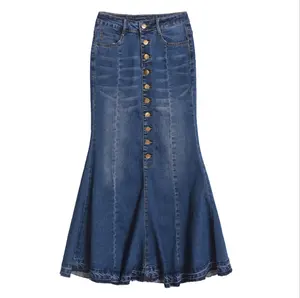 Rok Denim panjang pinggang tinggi wanita, Rok jins kasual warna polos modis