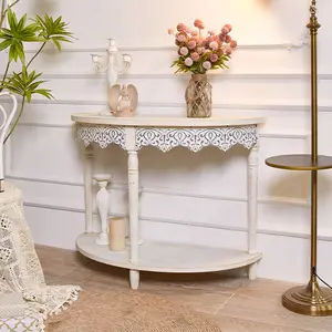 INNOVA Home sala de estar blanco lavado medio redondo mesa de consola tallada de madera