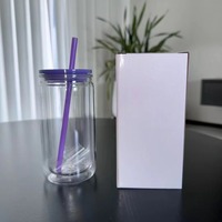 Offre Spéciale 16oz clair double paroi sublimation verre UV wrap en plastique boule à neige bocal en verre avec pré-trou de forage bouchon couvercles de couleur