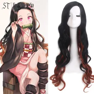 Nezuko Wigs Suppliers Demon Slayer Costume Cosplay Extralong Ombre Brown Wavy High Quality Synthetic None Lace Wig