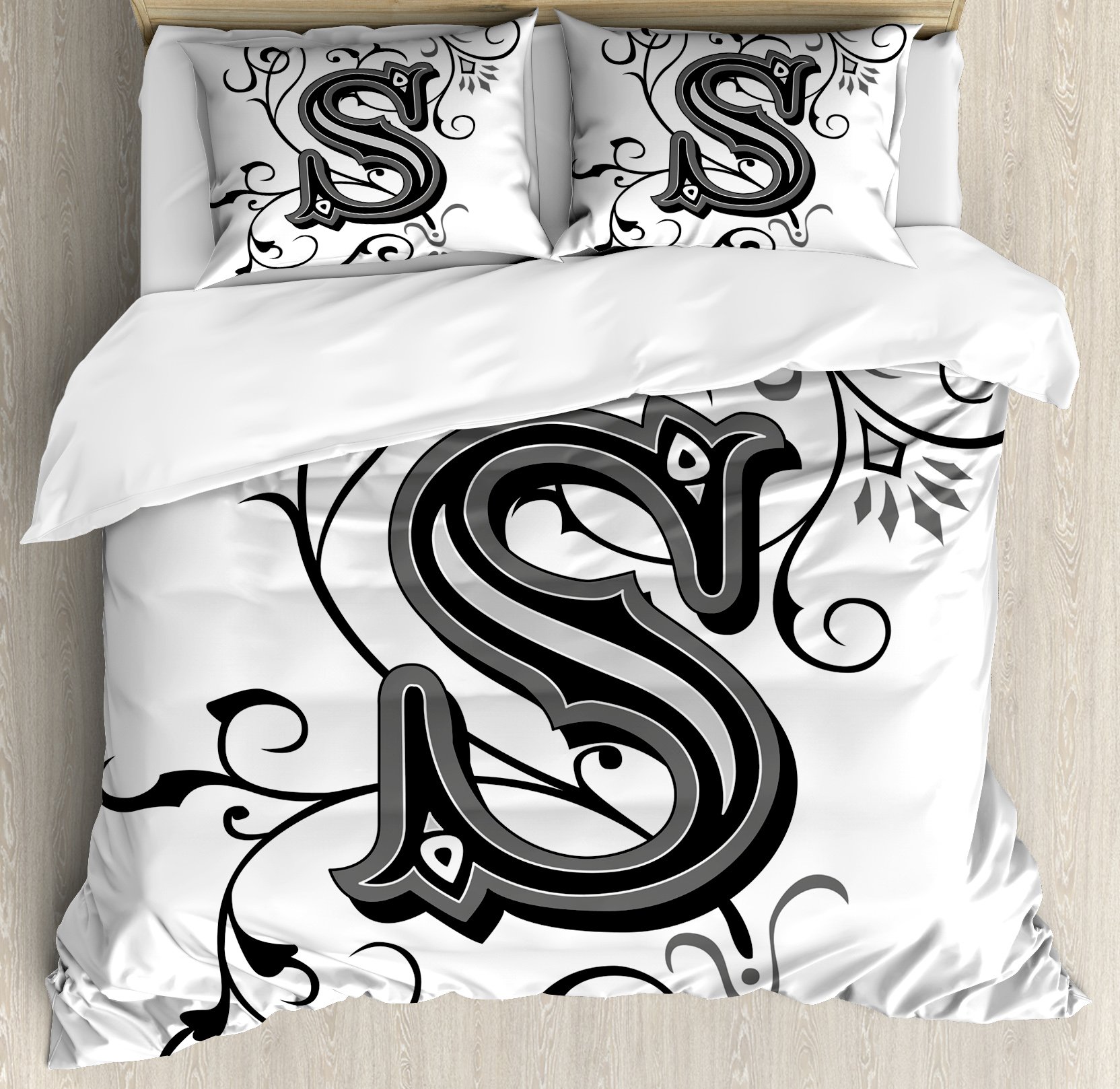 Letter S Duvet Cover Set, Monochrome Letter From Alphabet S Abstract Design Swirls and Other Shapes, Decorative Bedding Set
