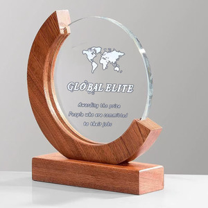 2025 Clear Round Crystal Trophy With Wooden Base Awards Trophies Company Souvenirs Gift Glass Wooden Award Plaque