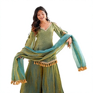 Ensemble Salwar brodé vert avec dupatta, tenue traditionnelle indienne et pakistanaise, coupe ample, longueur au sol, robe pour femme - Product Image 1