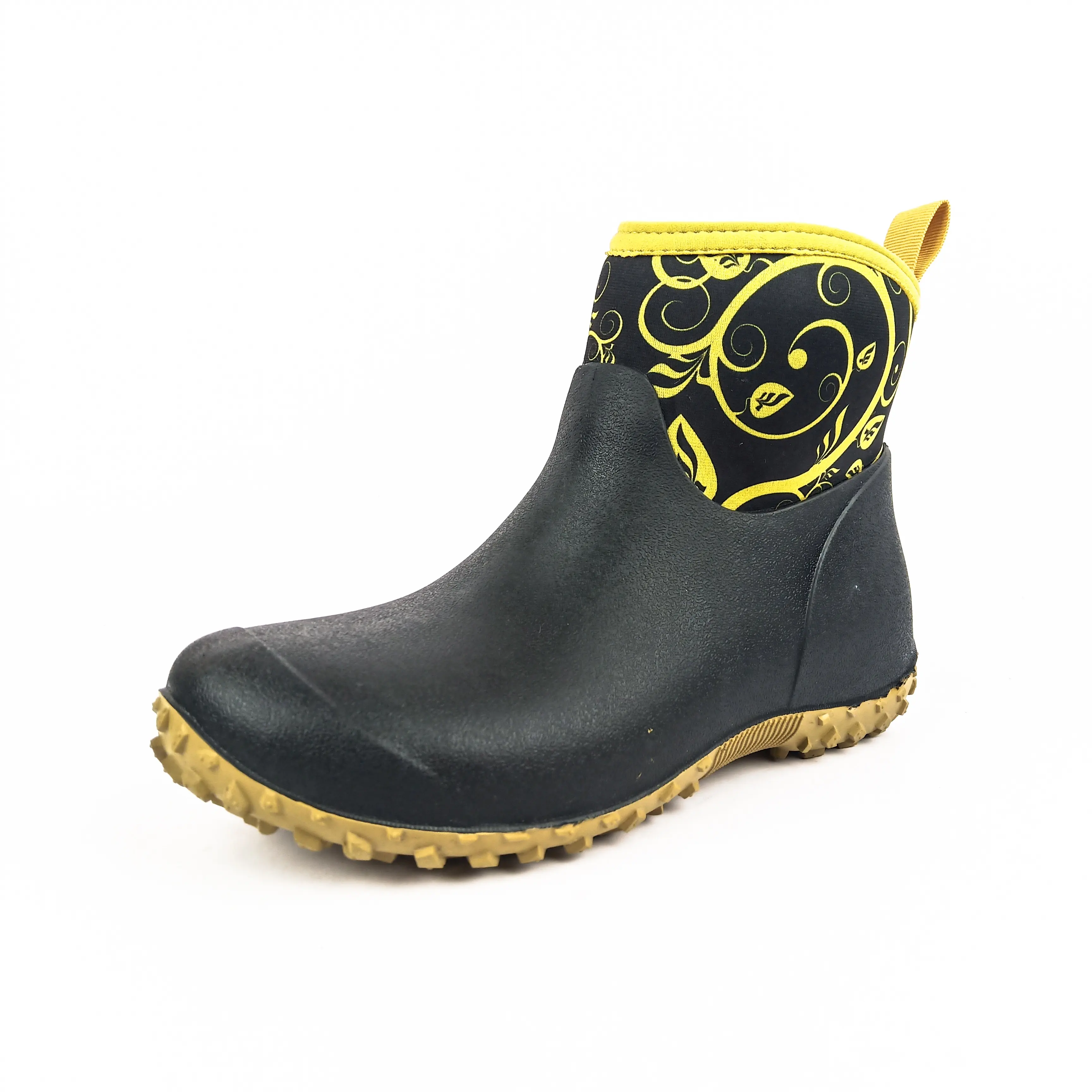 2021 ladies ankle rubber garden outdoor yellow flower print neoprene rain boots slip-on waterproof shoes