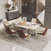 Table à manger rectangulaire moderne de luxe en marbre, 6 places, avec structure en acier inoxydable doré, imperméable et durable, pour salle à manger