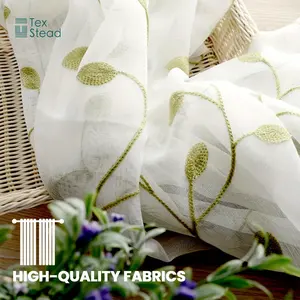 2 Pcs/Set Leaves Sheer Tier Curtain <span class=keywords><strong>Taupe</strong></span> Leaf Embroidery Curtain Voile Linen Leaves Curtain for Bathroom Kitchen Home - Product Image 6
