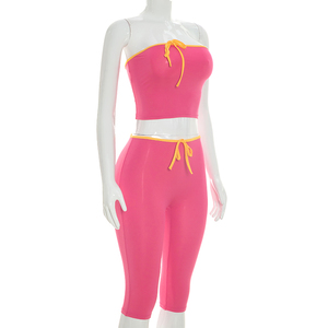 Viviblook Q26ST074 Women Summer Color Blocking <b>Set</b> Sleeveless <b>Sexy</b> Strapless Crop Top Tight Cropped Pants Two Piece <b>Set</b> - Product Image 3