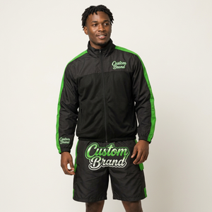 Custom Brand Tracksuit Set <b>Black</b> Green Color Blocking Full Sleeve Zipper Jacket <b>Shorts</b> With Pockets Sporty Style <b>Men</b> - Product Image 1