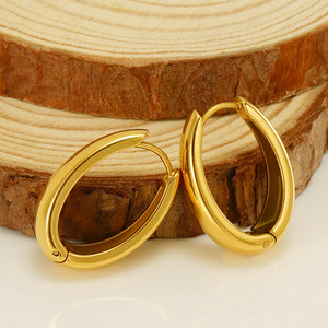 Oval Hoop Earrings 18K Gold Stainless Steel Geometric Design Fashion Jewelry - Product Image 3