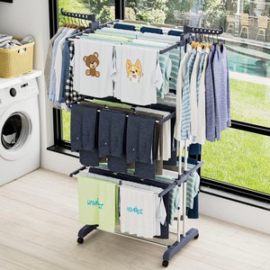 Folding 4-Layer Clothes <b>Drying</b> <b>Rack</b> Indoor Floor Standing With Wheels Movable Balcony Towel Quilt Dryer Gray Blue - Product Image 2