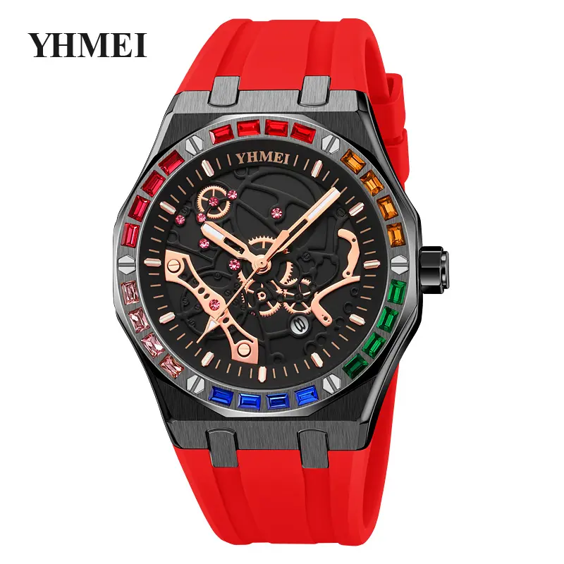 Best selling Top Brand Luxury Bling Quartz Square Men Watch Relojes Hip Hop Red Full Diamond Watch Silicone Strap Watch