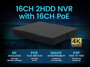 VEEZOOM NVR POE de 16 Canales y 16 Puertos con H.265, 2 SATA HDD, Soporte para hasta 8TB, Resolución 4K, Búsqueda Inteligente de Salidas - Product Image 2