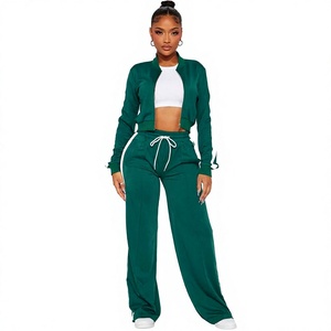 Conjunto Deportivo de Punto Verde para Mujer, Cintura Alta, Manga Larga, Estilo Casual, Corte Holgado, Color Sólido con Franja Lateral - Product Image 1