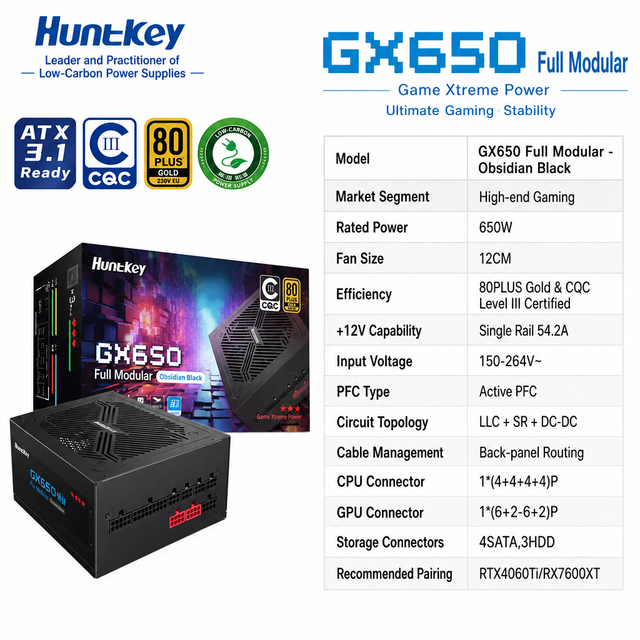 HuntKey GX650 650W Full Modular Power Supply 80PLUS Gold ATX 3.1 Ready LLC+DC-DC PSU for High-end Gaming Desktop PC