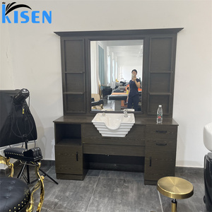 KISEN Stainless Steel Salon Display Cabinet Dressing <b>Table</b> And Storage Shelves Contemporary Design Mirror For Barber Shop Use - Product Image 1